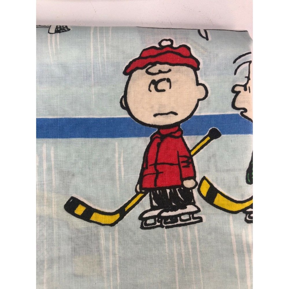 Vintage Peanuts Charlie Brown Twin Sheet Set Flat Fitted Hockey - Picture 2 of 7
